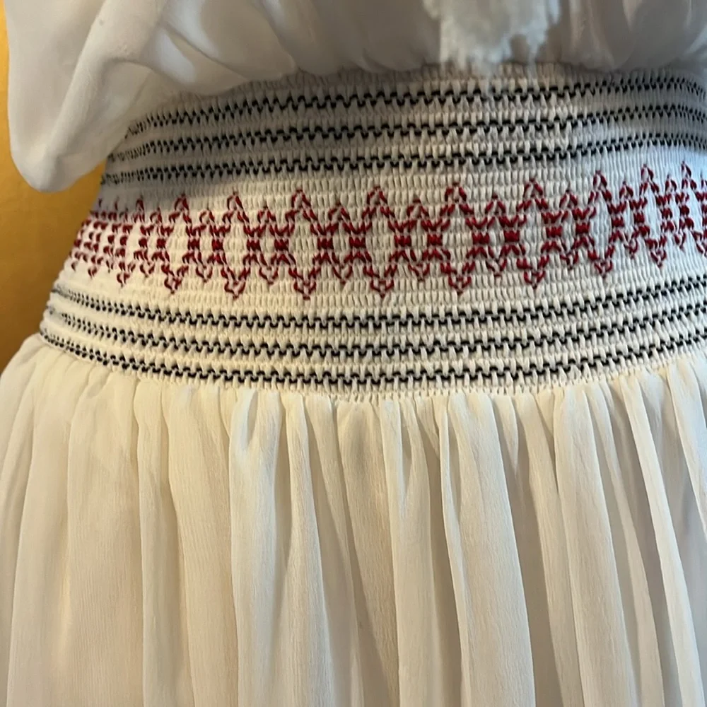 Free People Boho Summer Cream semi shear Dress w/Red Aztec Embroidery Size M - Picture 10 of 17